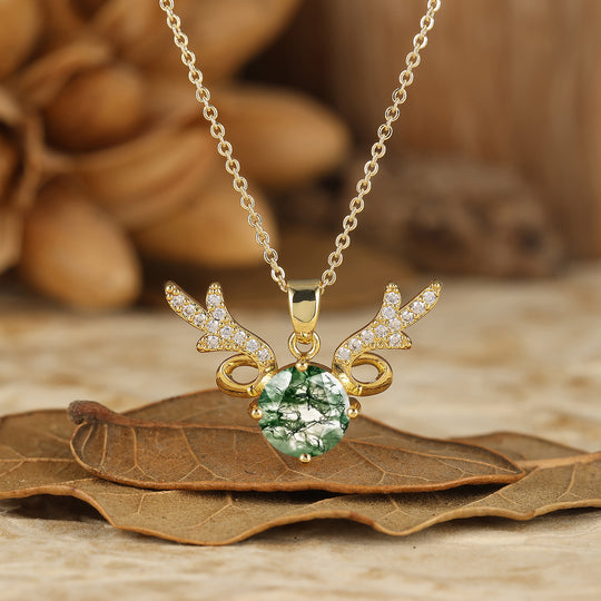 Deer Antler Style Moss Agate Pendant Round Cut Natural Moss Agate Pendant Necklace For Her