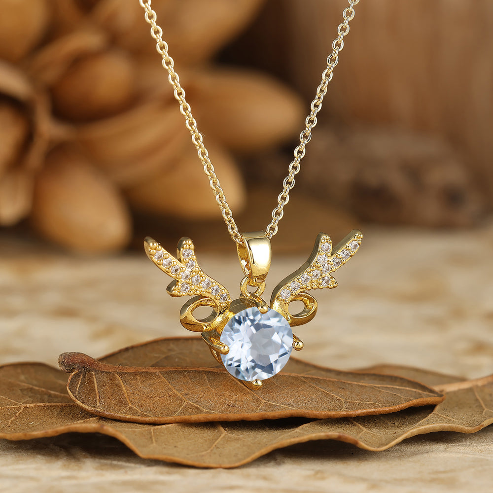 Deer Antler Round Aquamarine Pendant Necklace 14K Solid Gold Women Necklace