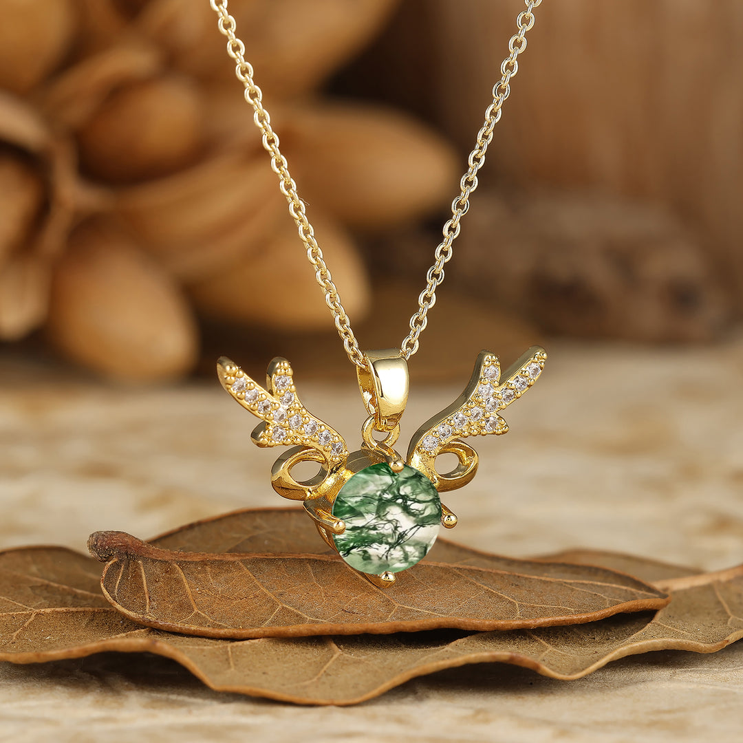 Deer Antler Style Moss Agate Pendant Round Cut Natural Moss Agate Pendant Necklace For Her