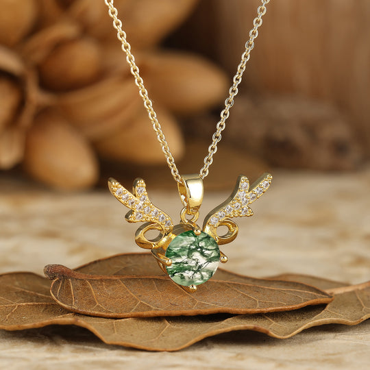 Deer Antler Style Moss Agate Pendant Round Cut Natural Moss Agate Pendant Necklace For Her
