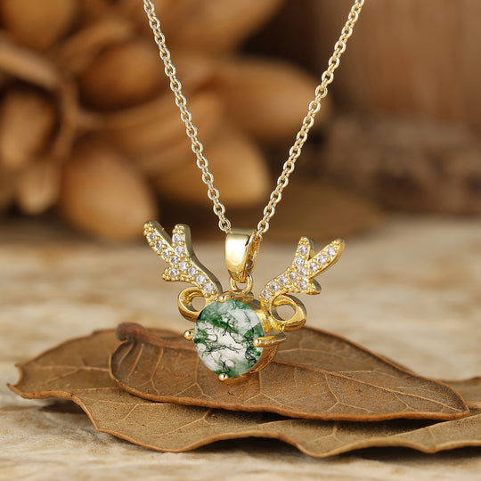 Deer Antler Style Moss Agate Pendant Round Cut Natural Moss Agate Pendant Necklace For Her
