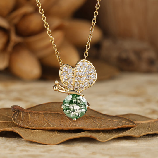 Collana con Ciondolo Rotondo in Agata Muschiata Farfalla Fantasiosa Collana Elegante da Donna Regalo