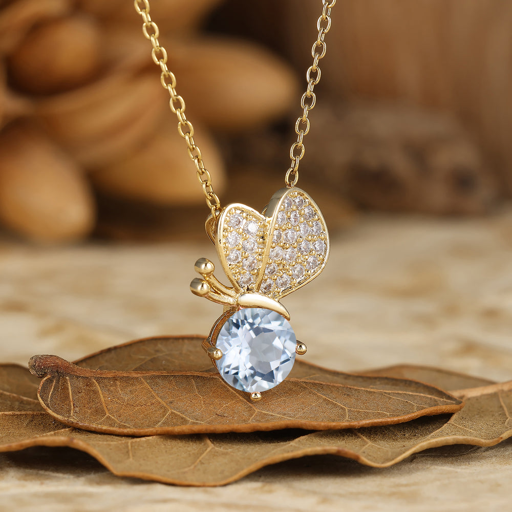 Cute Flying Butterfly Round Aquamarine Pendant Necklace For Girls Dainty Jewelry Gift