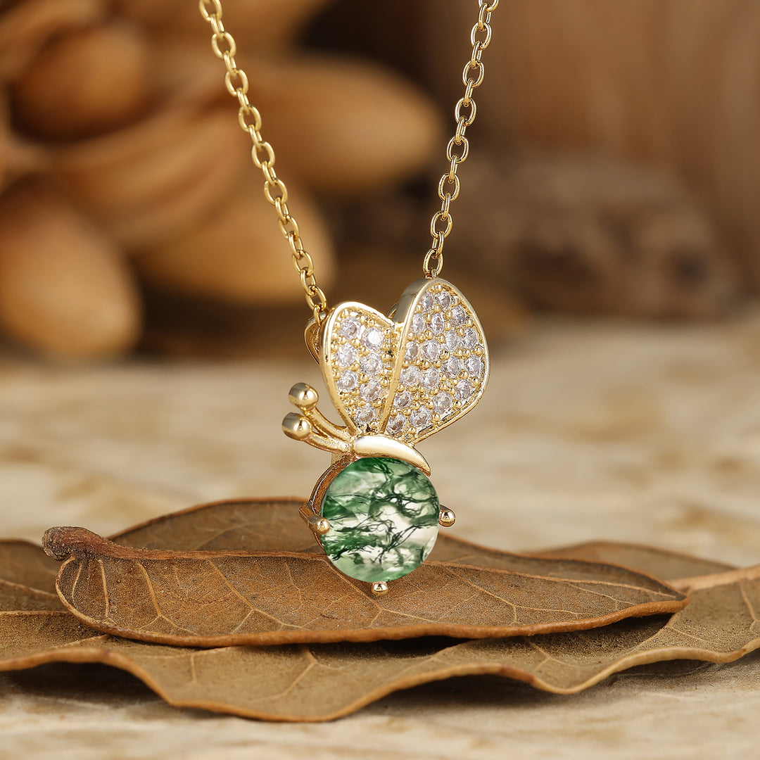 Collana con Ciondolo Rotondo in Agata Muschiata Farfalla Fantasiosa Collana Elegante da Donna Regalo
