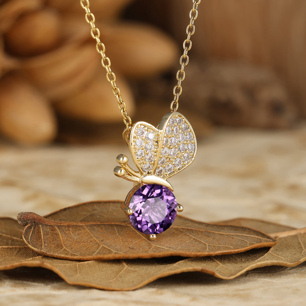 Dainty Flying Butterfly Round Anethyst Pendant Necklace Unique 14K Gold Women Necklace