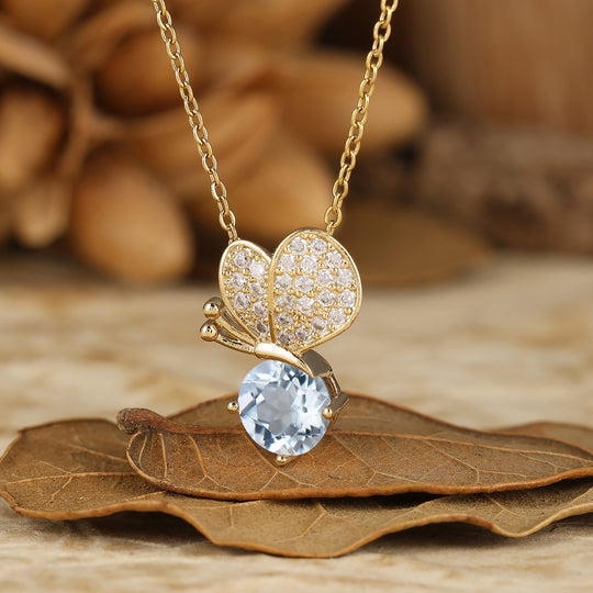 Cute Flying Butterfly Round Aquamarine Pendant Necklace For Girls Dainty Jewelry Gift