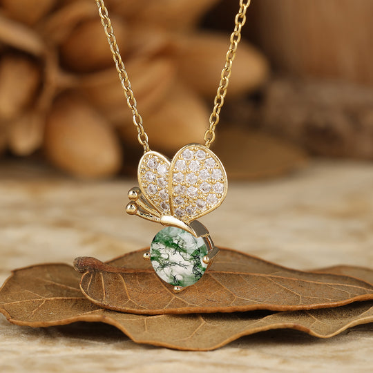Collana con Ciondolo Rotondo in Agata Muschiata Farfalla Fantasiosa Collana Elegante da Donna Regalo