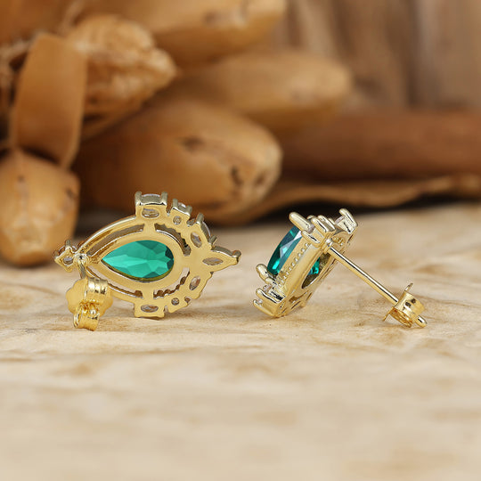 Elegant Pear Emerald Stud Earring Milgrain Wedding Earrings 14K Solid Gold Earring For Her -  Esdomera.com