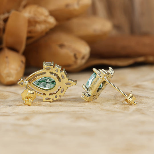 Art Deco Pear Natural Moss Agate Stud Earrings Drop Shape Earrings Women Birthday Earrings -  Esdomera.com