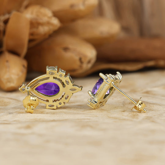 Teardrop Amethyst Milgrain Earrings 14K Yellow Gold Purple Amethyst Stud Earrings For Her -  Esdomera.com