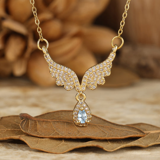 Unique Pendentif Collier en Agate Mousse Naturelle en Forme d'Aile d'Ange pour Anniversaire et Mariage