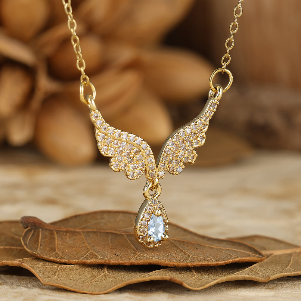 Gorgeous Wing Shape Aquamarine Pendant Necklace 14K Rose Gold Bridal Necklace