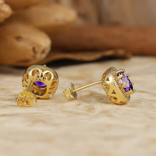 Halo Style Round Natural Amethyst Stud Earrings Classic Amethyst Studs Bridal Jewelry -  Esdomera.com