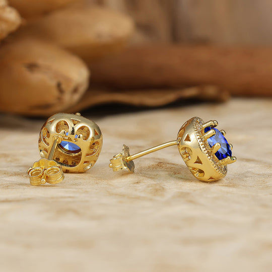 6mm Blue Sapphire Halo Stud Earrings Floral Bloom 14K Solid Gold Earrings For Her -  Esdomera.com