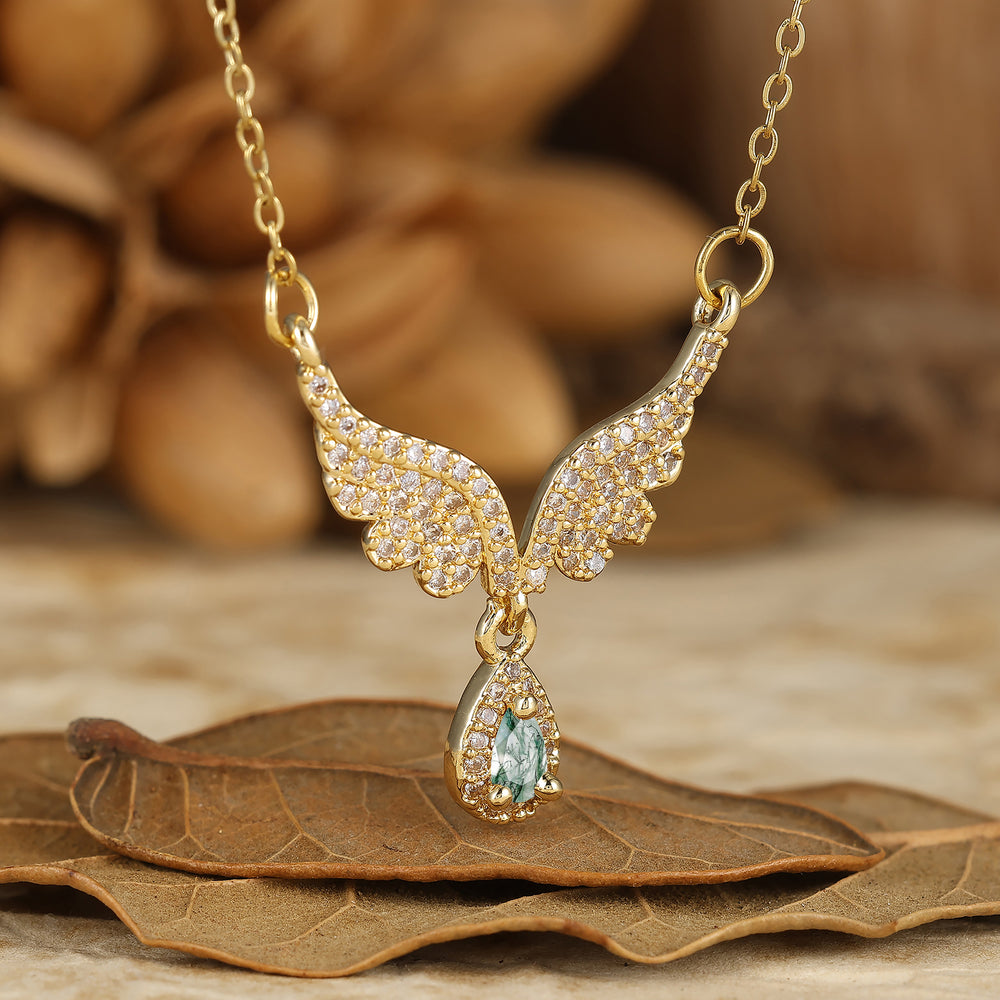 Unique Angel Wing Shape Natural Moss Agate Pendant Necklace Anniversary Bridal Pendant