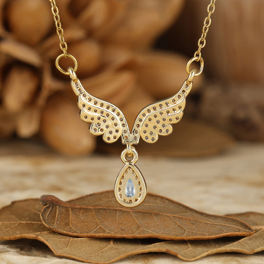 Graziosa Collana con Pendente a Forma di Ala in Acquamarina, Collana Nuziale in Oro Rosa 14K