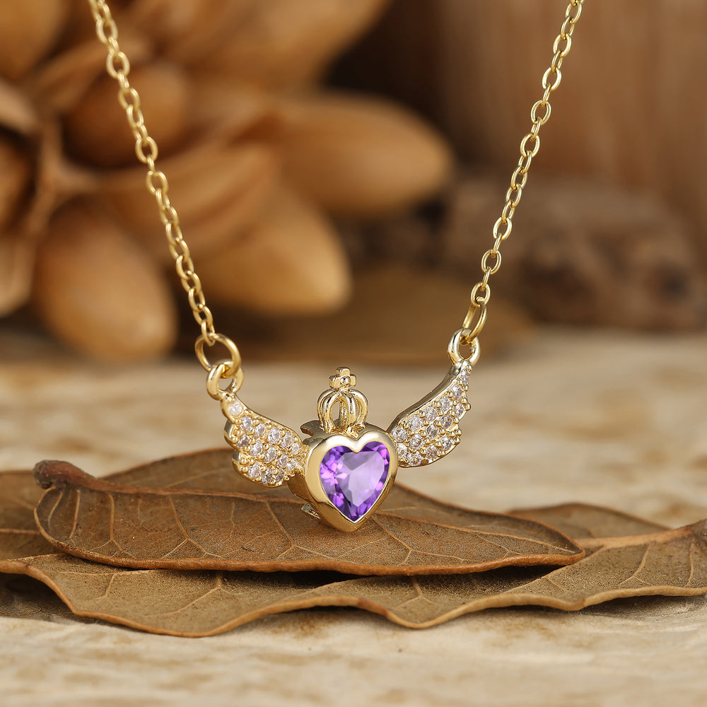Mystical Angel Wing Heart Cut Amethyst Pendant Necklace 14K Gold Bridal Necklace