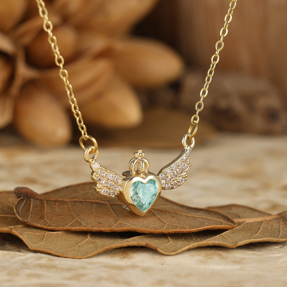 Delicate Fairy Wing Moss Agate Pendant Necklace Heart Cut Moss Agate Necklace For Her