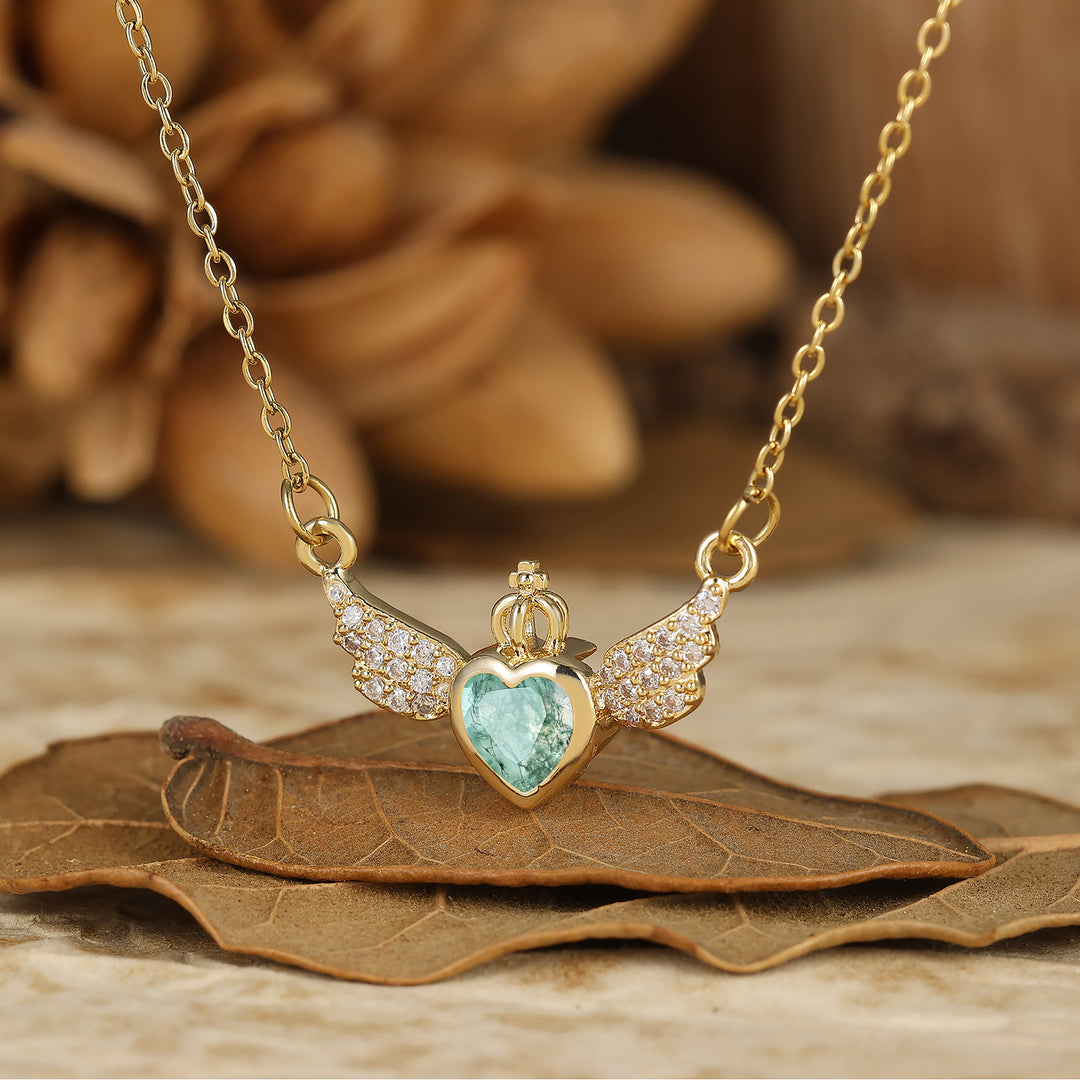 Delicate Fairy Wing Moss Agate Pendant Necklace Heart Cut Moss Agate Necklace For Her