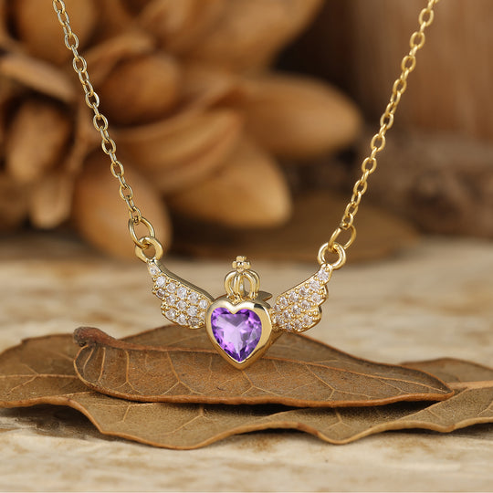 Collar colgante de amatista en forma de corazón con alas de ángel místicas, collar nupcial de oro de 14K
