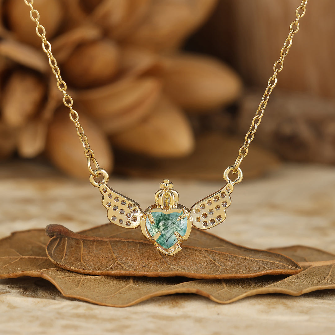 Delicate Fairy Wing Moss Agate Pendant Necklace Heart Cut Moss Agate Necklace For Her