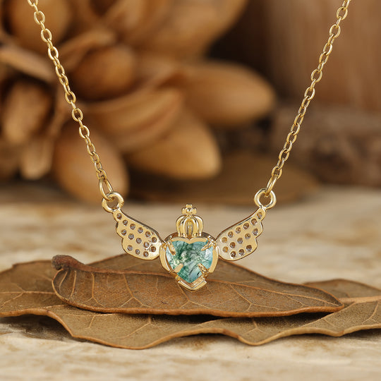 Delicate Fairy Wing Moss Agate Pendant Necklace Heart Cut Moss Agate Necklace For Her