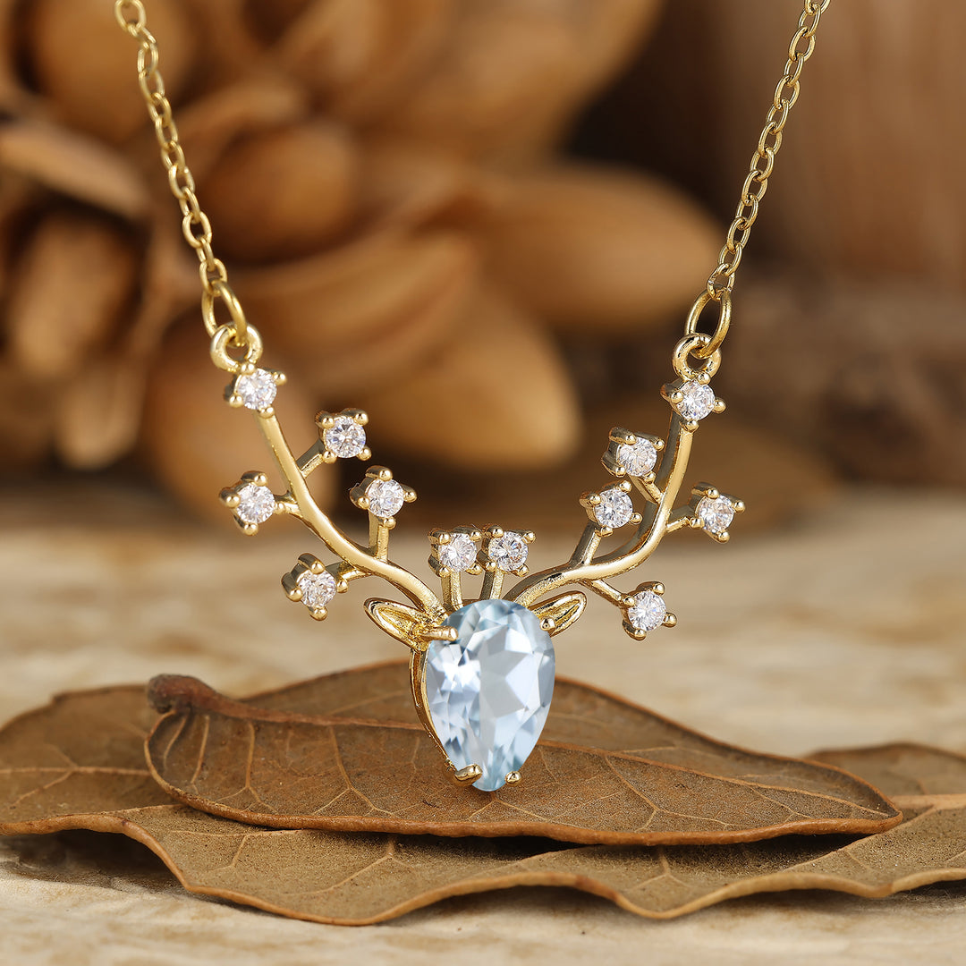Pendentif en aigue-marine taille poire au design délicat de bois de cerf, collier S925 pour femmes