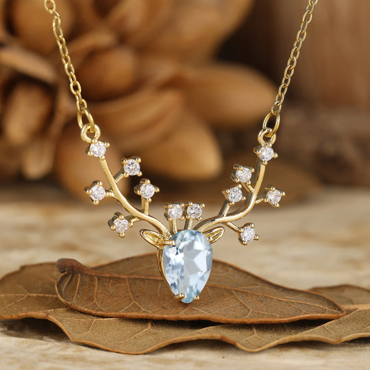 Pendentif en aigue-marine taille poire au design délicat de bois de cerf, collier S925 pour femmes
