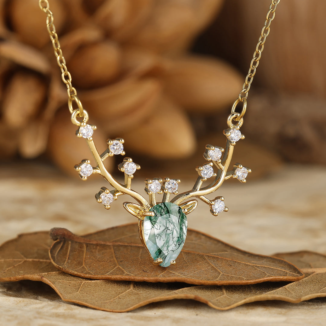 Collar colgante de amatista natural en corte pera con asta de reno, regalo de aniversario para ella