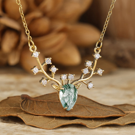 Collar colgante de amatista natural en corte pera con asta de reno, regalo de aniversario para ella