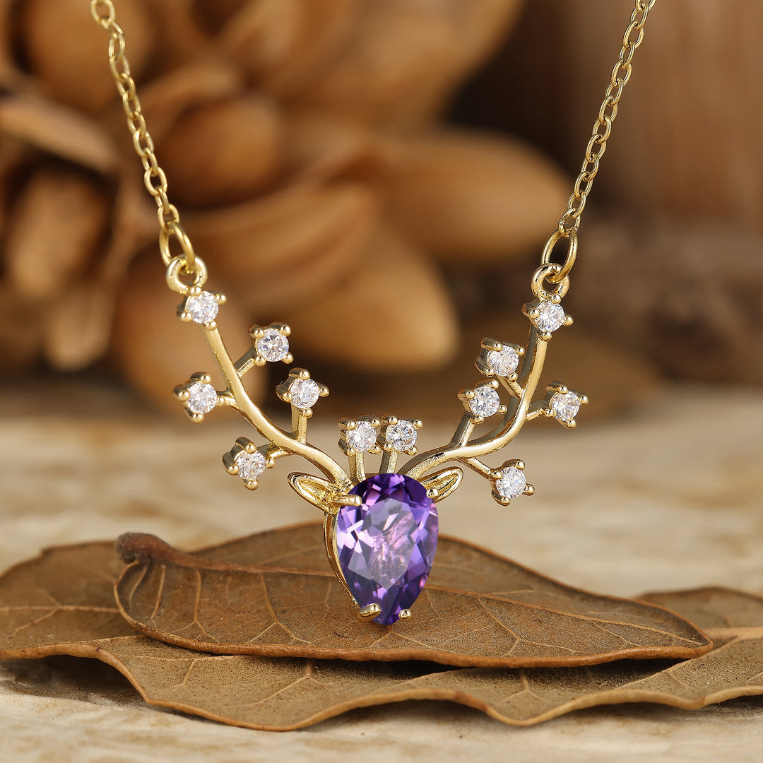 Collar colgante de amatista natural en corte pera con asta de reno, regalo de aniversario para ella