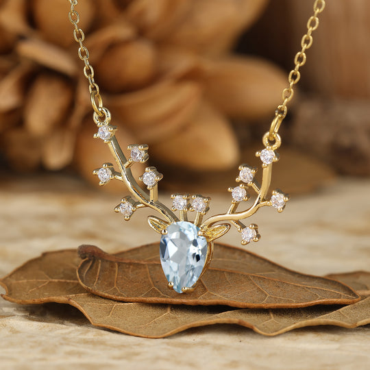 Pendentif en aigue-marine taille poire au design délicat de bois de cerf, collier S925 pour femmes