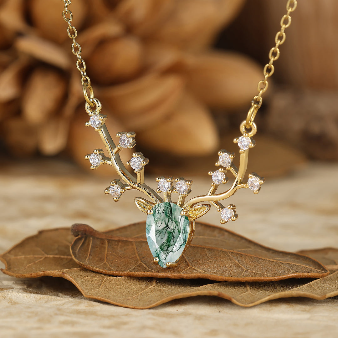 Pendentif en aigue-marine taille poire au design délicat de bois de cerf, collier S925 pour femmes