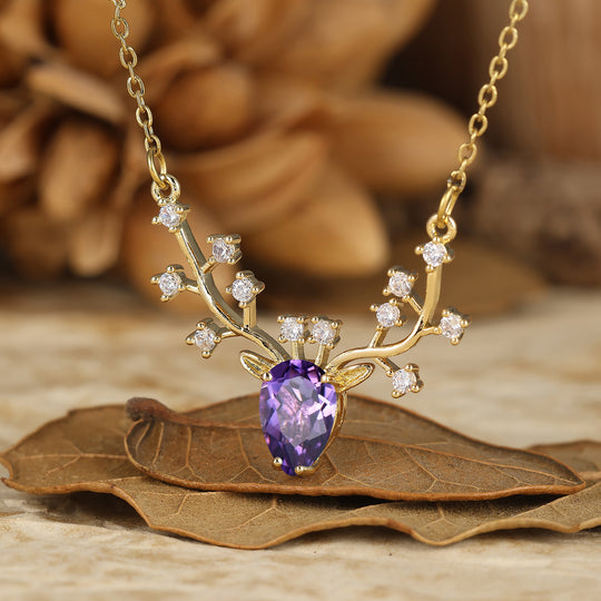 Collar colgante de amatista natural en corte pera con asta de reno, regalo de aniversario para ella