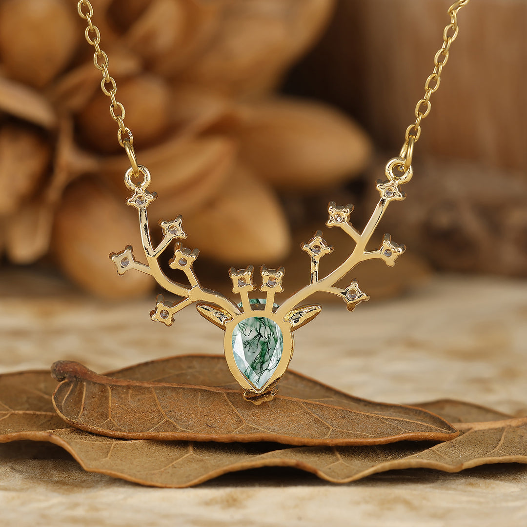 Pendentif en aigue-marine taille poire au design délicat de bois de cerf, collier S925 pour femmes