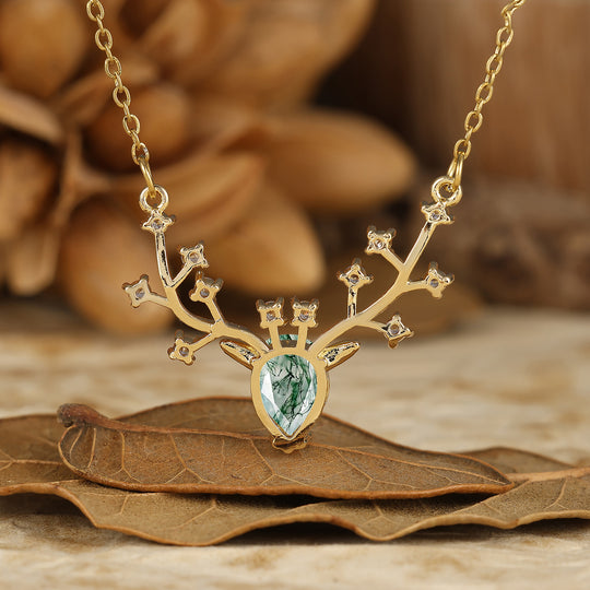 Pendentif en aigue-marine taille poire au design délicat de bois de cerf, collier S925 pour femmes