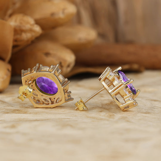 Oval Cut Amethyst Minimalist Floral Earrings Amethyst Solid Gold Flower Studs -  Esdomera.com