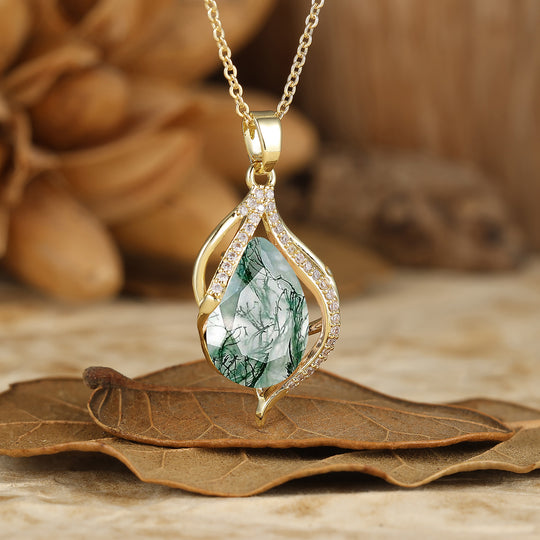 Colgante de Ágata Musgo en Corte Pera en Oro Amarillo Macizo 18K/14K Collar con Colgante en Forma de Gota