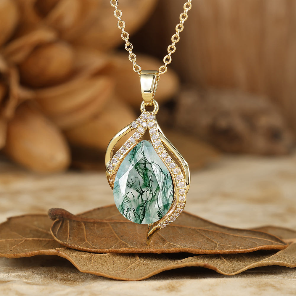 Pear Cut Moss Agate Pendant Solid 18K/14K Yellow Gold Teardrop Pendant Necklace