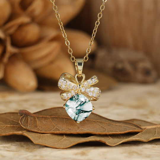Romantic Bow Design Natural Moss Agate Pendant Necklace Cushion Cut Moss Agate Necklace