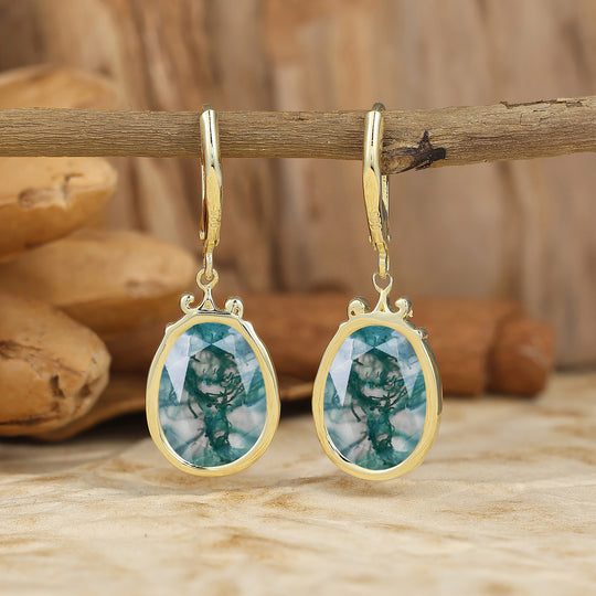 Acanthus Egg-Teardrop Moss Agate Lever Back Dangle Earrings Natural Bridal Earrings For Her