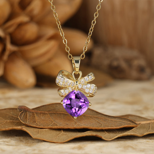 Romantic Bow Design Natural Moss Agate Pendant Necklace Cushion Cut Moss Agate Necklace