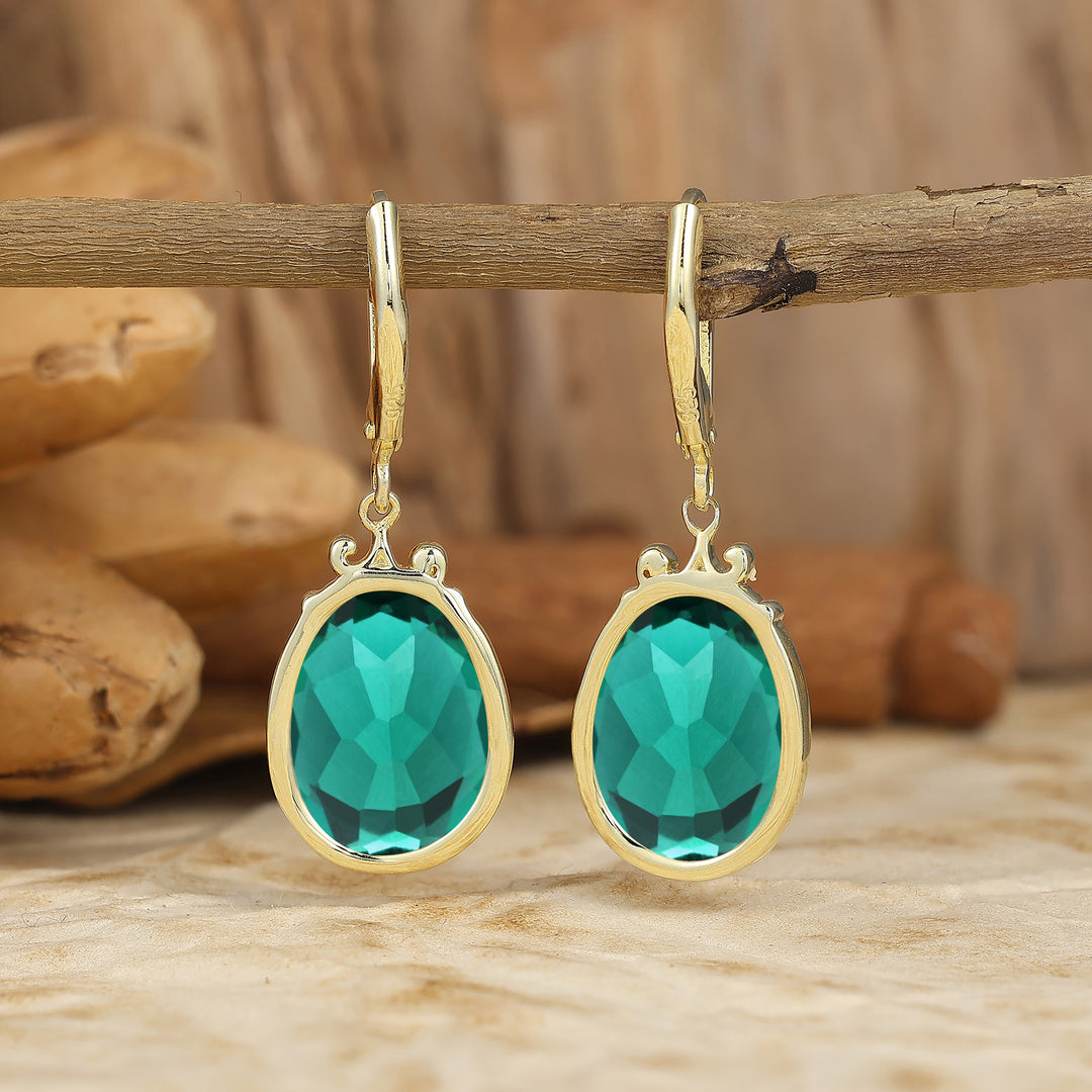 Scroll Wavy Egg-Pear Cut Emerald Dangle Earrings Lever Back Gala Artsy Women Earrings