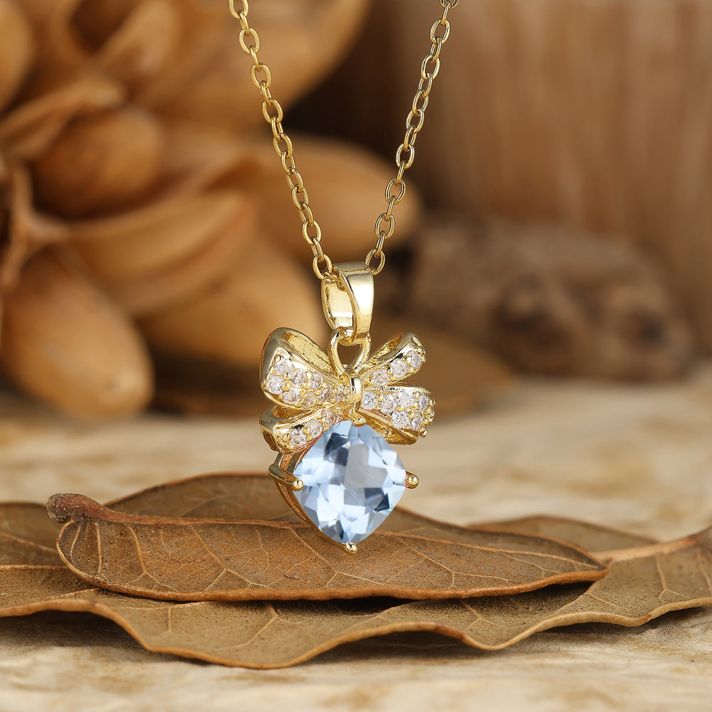 Sparkling Bow Design Aquamarine Pendant Necklace Cushion Cut Aquamarine Necklace