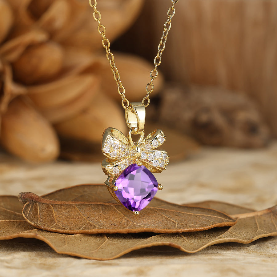 Einzigartiges Schleifen-Design Natürliche Amethyst-Anhänger-Halskette Kissen-Schliff Amethyst-Halskette