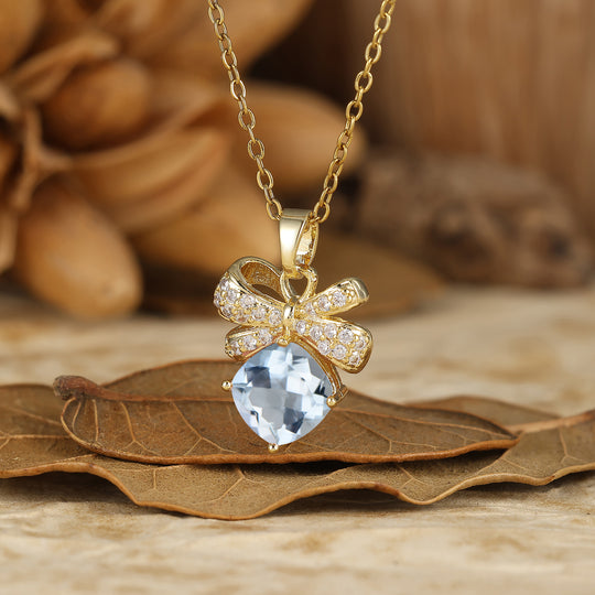 Funkelnde Schleifen-Design Aquamarin Anhänger Halskette Kissen-Schliff Aquamarin Halskette