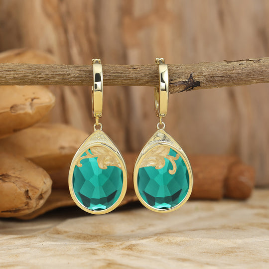 Scrollwork Egg-Teardrop Emerald Hoop Dangle Earrings Baroque May Birthstone Earrings For Women