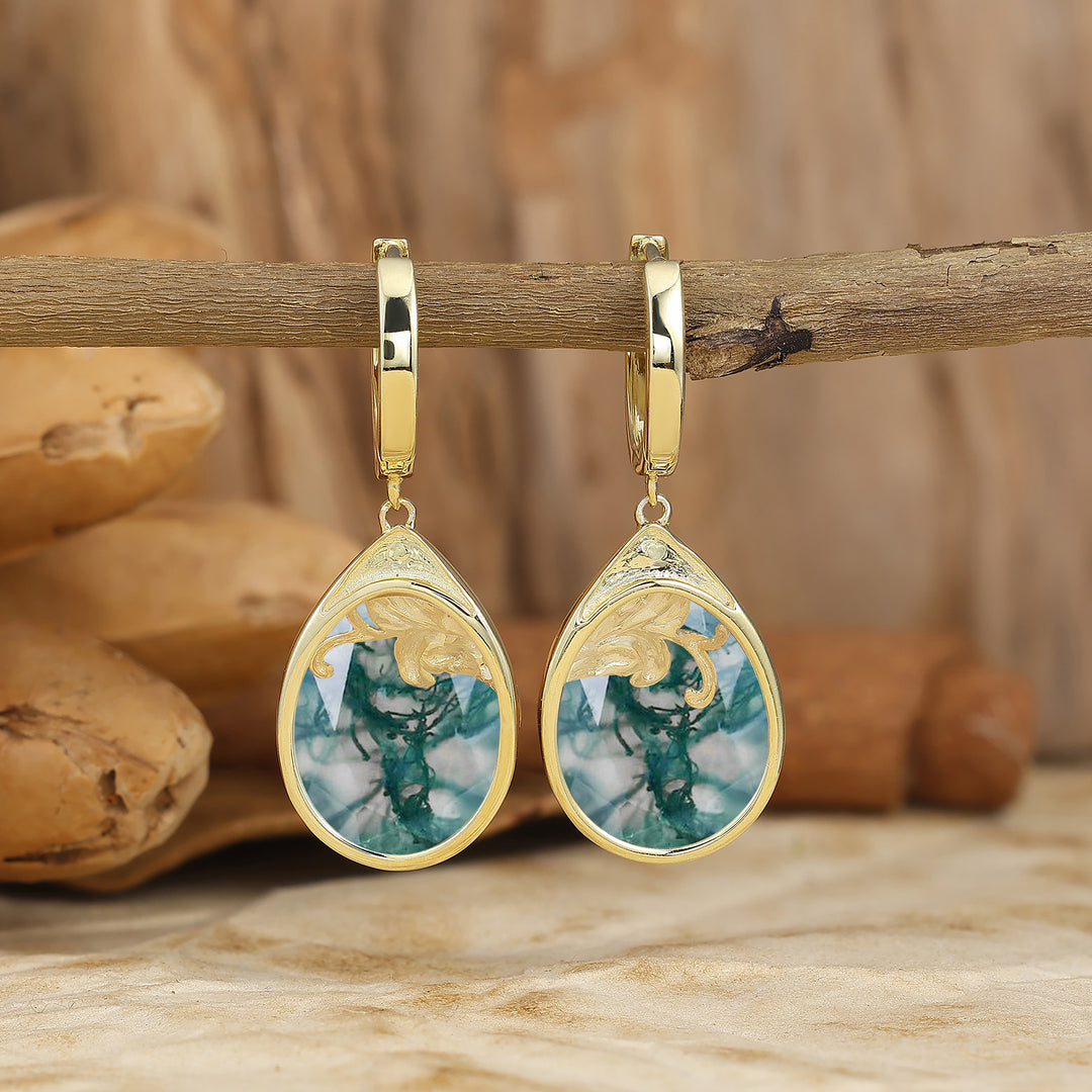 Egg-Pear Cut Moss Agate Acanthus Huggie Drop Earrings Royal Fairy Marriage Earrings For Her