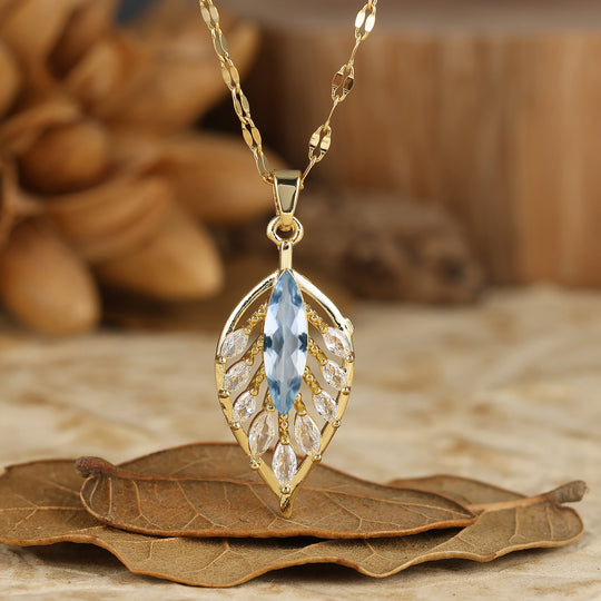 925 Argento Marquise Pendente Collana con Agata Muschio Naturale a Forma di Piuma/Foglia Collana in Oro 14K per Donna