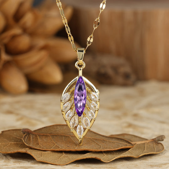 925 Argento Marquise Pendente Collana con Agata Muschio Naturale a Forma di Piuma/Foglia Collana in Oro 14K per Donna